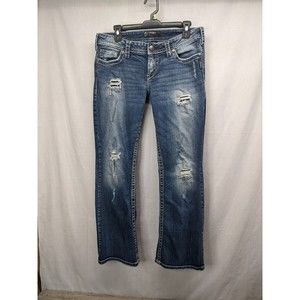 Silver Blue Jeans Pioneer Boot Cut Low Rise Dark Wash W 32 L 31 Distressed
